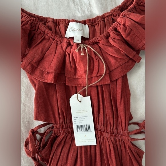Cleobella Daria Midi Dress in Brick Off Shoulder Cotton Linen Side Cutouts - Picture 4 of 7